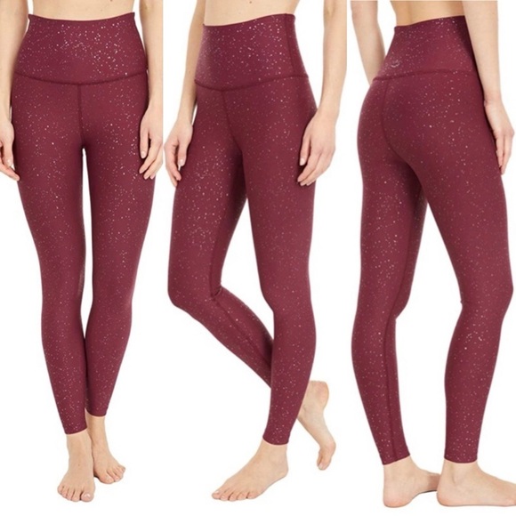 BEYOND YOGA Burgundy Metallic Sparkle Yoga Workout Atheleisure Leggings - Picture 1 of 8